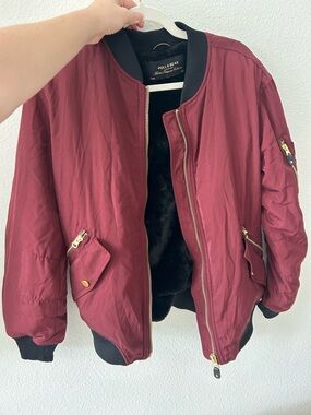 Pull&Bear Women's Wine Red Bomber Jacket with Black Trim